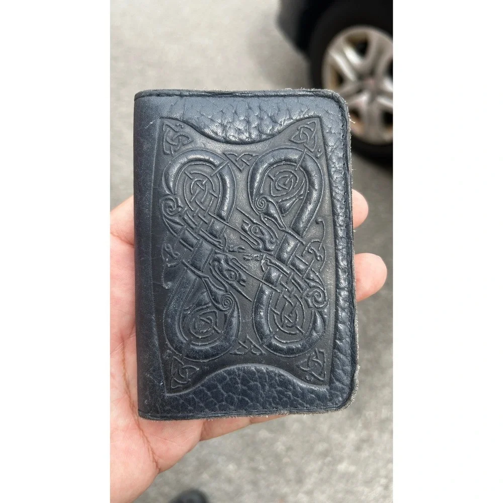 Vintage Celtic Knot Embossed Black Leather Slim Bifold Card Holder Wallet